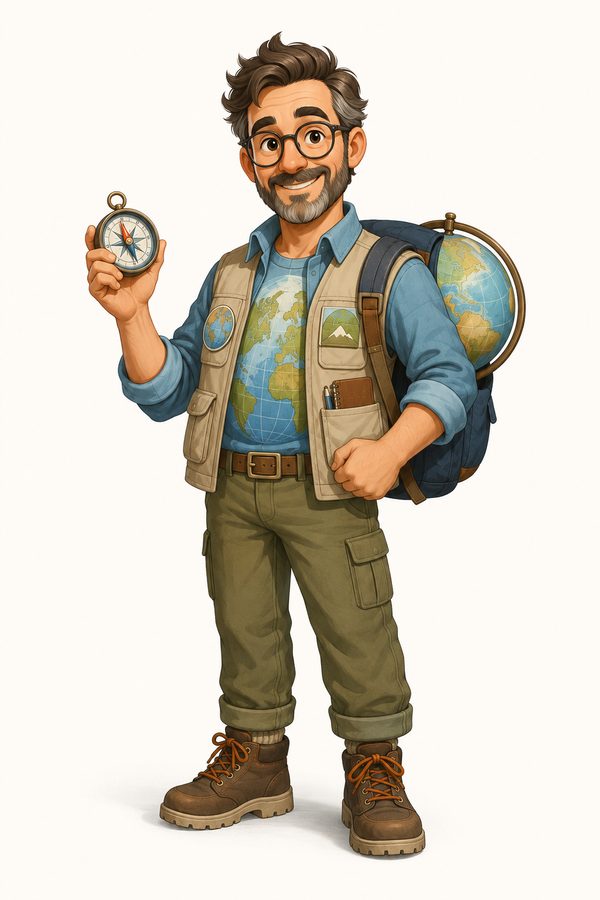 Dad's Geography mascot — a friendly explorer with a compass and globe